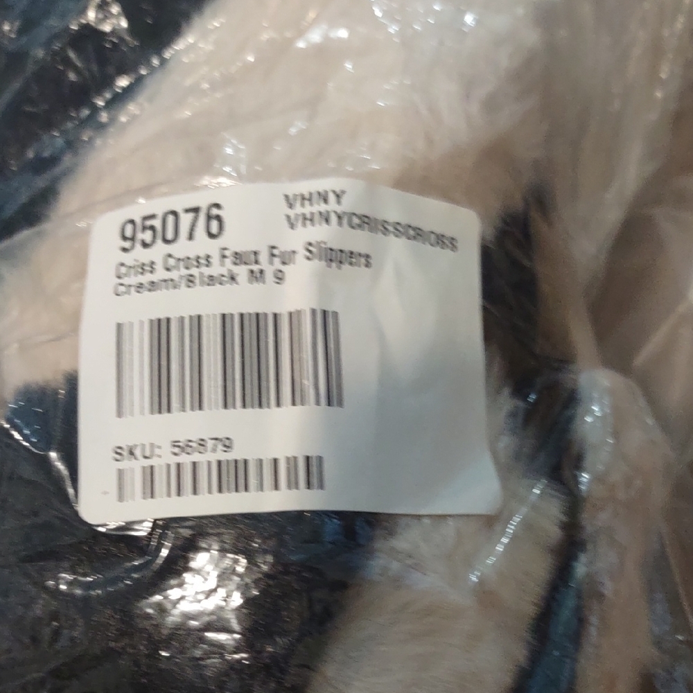 VHNY Cream and Black Faux Fur Slippers